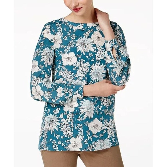 WEEKEND MAX MARA Adda Silk Top XS Floral Print Teal White Long Sleeve Blouse
